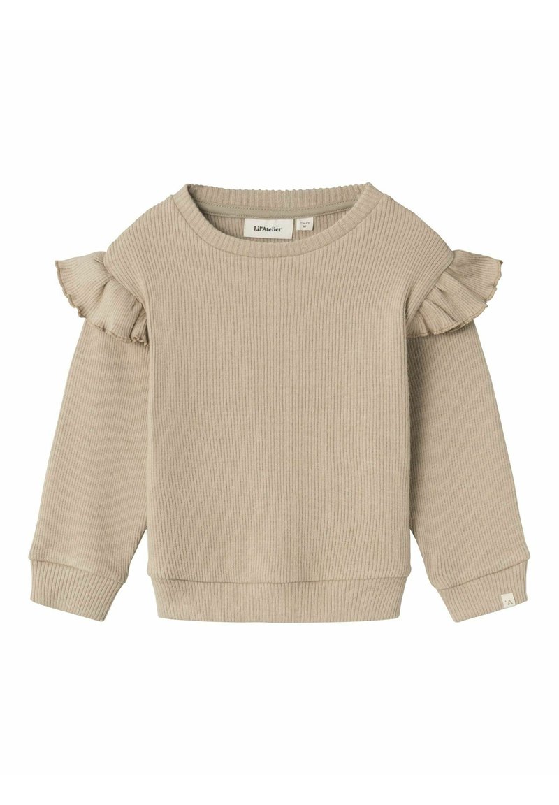 Felpa beige a coste con dettagli arricciati sulle spalle. Presenta un colletto rotondo e maniche lunghe. Tessuto testurizzato con polsini e orlo.