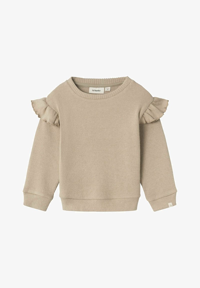 Felpa beige a coste con dettagli arricciati sulle spalle. Presenta un colletto rotondo e maniche lunghe. Tessuto testurizzato con polsini e orlo.