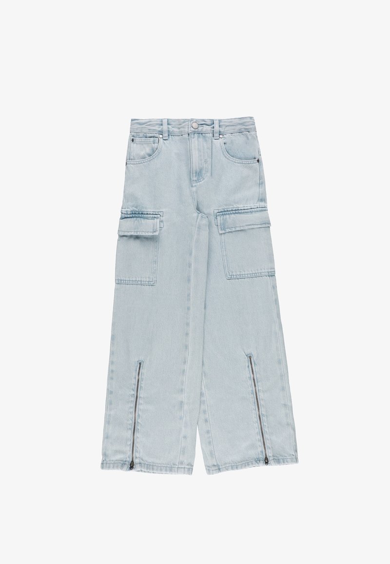 Pantaloni in denim azzurro chiaro con design a gamba larga, due tasche laterali tipo cargo e polsini con zip per una vestibilità regolabile.