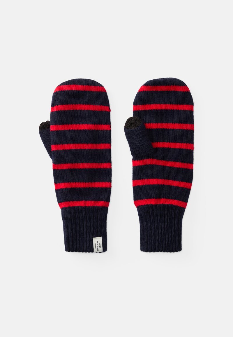 Luvas listradas em azul marinho e vermelho com punhos canelados, apresentando uma suave textura de malha. Inclui um pequeno rótulo na parte inferior de uma das luvas.