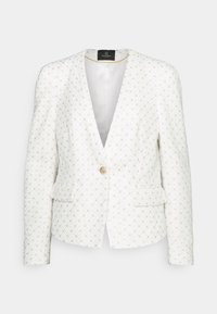 Blazer blanc texturé avec un motif en losanges, doté de deux poches avant, d'une fermeture à un bouton doré et d'un col en V.