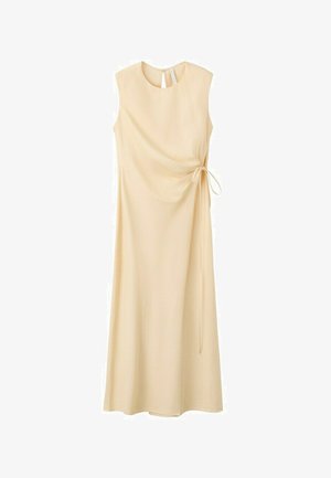 Rochie midi bej fără mâneci, cu decolteu rotund, detaliu cu fundă laterală care creează falduri subtile și închidere tip cheiță la spate.