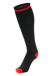 Skarpetki do kolan w kolorze czarnym z czerwonymi akcentami na mankiecie i palcach. Żebrowana tekstura, wydłużony kształt, zaprojektowane z myślą o komforcie i wsparciu.