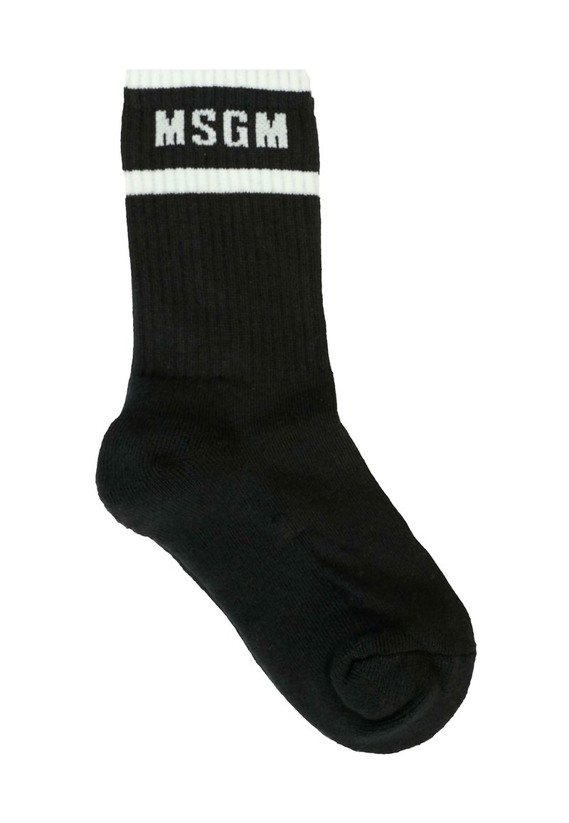 Czarna skarpetka w prążki z białym paskiem na górze, na którym widnieje logo "MSGM" w pogrubionym tekście. Miękka tekstura i typowy kształt skarpetki.