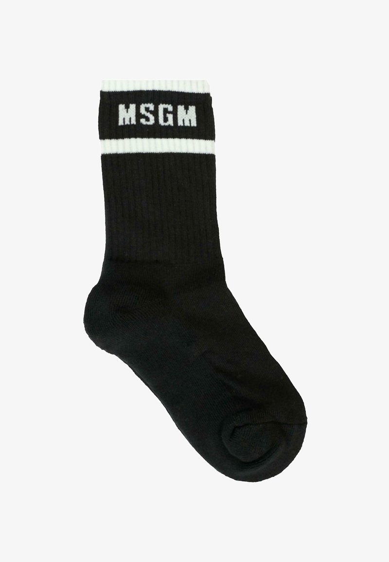 Calza nera a coste con banda superiore bianca riportante il logo "MSGM" in carattere grassetto. Texture morbida e forma tipica della calza.