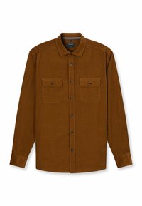 Braunes langärmliges Hemd aus strukturierter Baumwolle mit einem Button-Down-Kragen, zwei Brusttaschen und blauen Knopf-Akzenten.