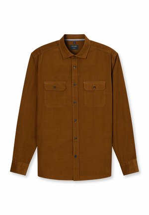 Brown long-sleeve shirt made of textured fabric, featuring a button-down collar, two chest pockets, and blue button accents.