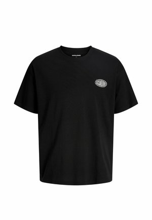 Tricou negru cu mâneci scurte și guler rotund, cu mic logo alb Jack & Jones pe partea stângă a pieptului.