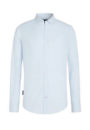 Helles blaues Hemd mit weißen vertikalen Streifen, langen Ärmeln, geknöpften Manschetten und klassischem Kragen. Verfügt über ein kleines Logotag.