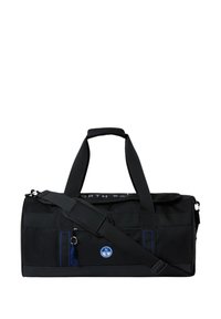 Borsa a tracolla nera con forma rettangolare, realizzata in tessuto resistente, con dettagli blu, un manico superiore e una tracolla regolabile.