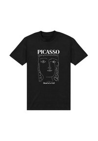 Černé bavlněné tričko s liniovým designem obličeje se spirálami, nad textem "PICASSO" a "Hlava dívky" v bílé barvě.