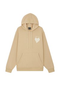 Sudadera beige con un bolsillo frontal, capucha con cordón y detalle de corazón bordado en el lado izquierdo del pecho. Fabricada con un tejido suave y texturizado.