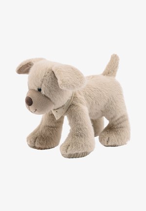 Plush beige dog stuffed toy with soft fur, floppy ears, a small tail, brown nose, and a beige collar. Features detailed paw stitching.