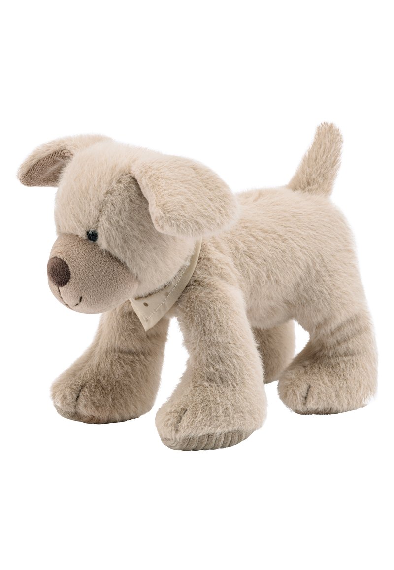 Plush beige dog stuffed toy with soft fur, floppy ears, a small tail, brown nose, and a beige collar. Features detailed paw stitching.