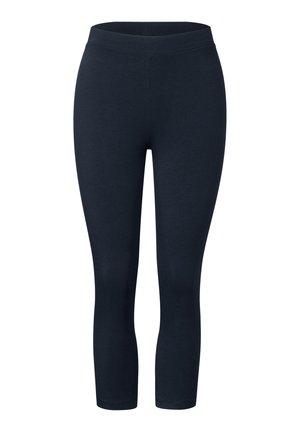 Leggings blu navy realizzati in materiale morbido e elasticizzato, con una vita alta e un design elegante e minimalista senza motivi visibili.