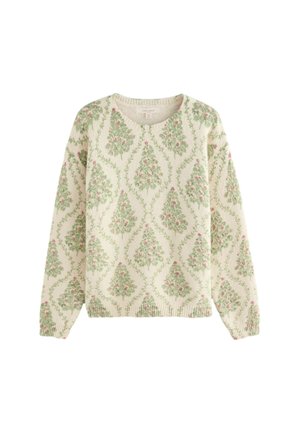 Pulover tricotat de culoare crem, cu un model floral în verde și roz. Are un guler rotund și manșete ribbate, oferind o finisare texturată.