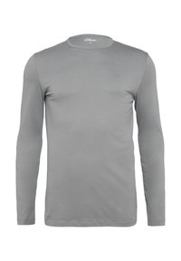 Langarmshirt in Hellgrau, aus weichem Stoff gefertigt. Hat einen Rundhalsausschnitt und ein minimalistisches Design mit einem kleinen Logo auf der Brust.