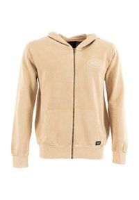 Felpa con zip beige, dalla finitura testurizzata, con tasche frontali e cappuccio regolabile con cordino. Presenta un logo sul lato sinistro in alto.