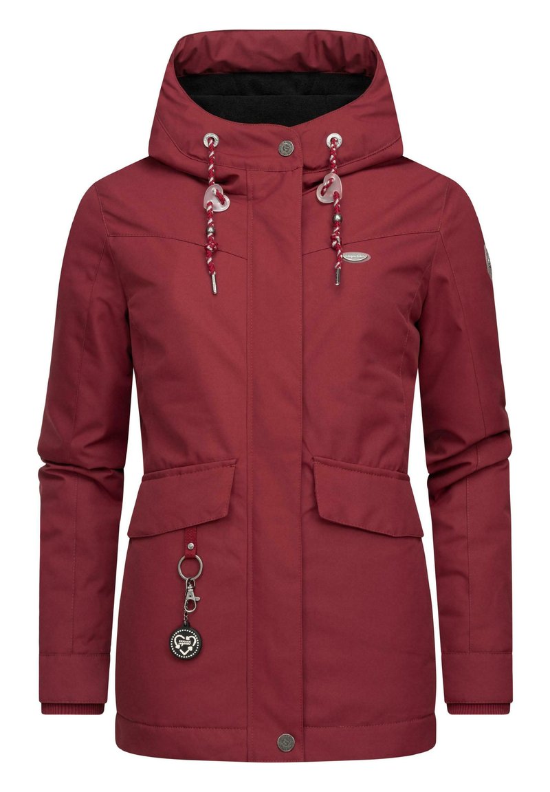 Maroon waterproof jacket with a hood, two front pockets, and toggles. Features a decorative keychain and a smooth, textured finish.