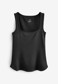 Sort ærmeløs tank top med rund hals, lavet af glat stof, med en let svajet kant og minimale syninger.