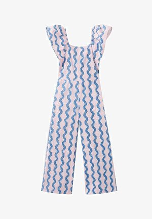 Tuta rosa con gambe larghe e maniche arricciate, caratterizzata da un motivo verticale ripetuto di felci azzurre ondulate.