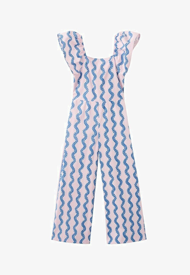Combinaison rose à jambes larges et manches à volants, ornée d'un motif répétitif vertical de fougères ondulées bleues.