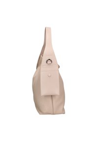 Beige leren handtas met een gestructureerd oppervlak, voorzien van een enkele schouderband en een klein zakje met drukknoopsluiting aan de zijkant.