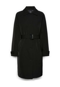 Zwarte trenchcoat met een tailleceintuur, knoopsluiting, twee zijzakken en een kraag. Gemaakt van soepel, lichtgewicht stof.