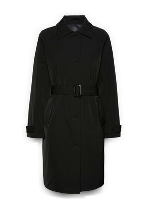 Czarny trencz z paskiem w talii, zapinany na guziki, z dwoma bocznymi kieszeniami i kołnierzem. Wykonany z gładkiej, lekkiej tkaniny.