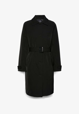 Schwarzer Trenchcoat mit tailliertem Gürtel, Knopfverschluss, zwei seitlichen Taschen und Kragen. Hergestellt aus glattem, leichtem Stoff.