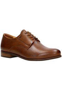 Braune Leder-Dressschuhe mit abgerundeter Zehenpartie, Schnürverschluss und gestickten Details. Verfügt über einen niedrigen Holzabsatz für zusätzliche Stabilität.