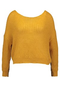 Yellow knitted sweater with a wide neckline, cropped design, and long sleeves. Features a textured pattern and ribbed hem.