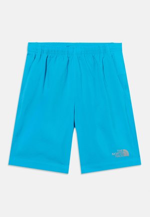 Kirkkaan siniset, joustavat shortsit, joissa on sivutaskut ja The North Face -logo vasemman alareunan jalassa valkoista taustaa vasten.