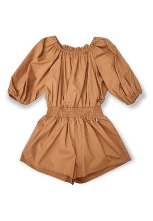 Brun romper med pufærmer, elastisk talje og shorts. Glat stof, indsamlet halsudskæring og lille accentdetalje på siden.