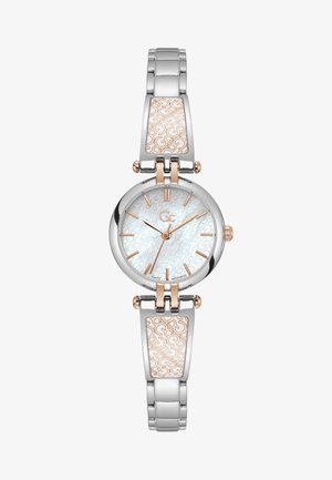 Orologio in argento e oro rosa con quadrante rotondo e una texture bianca, bracciale a maglie con dettagli elaborati e chiusura a deployante.
