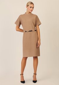 Kurzärmliges, taupefarbenes Kleid mit hohem Kragen und einem schwarzen Gürtelakzent. Glatte Strickstruktur, knielange Silhouette. Schwarze Absätze.