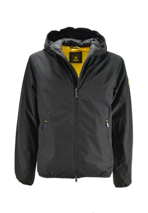 Giacca a zip nera con cappuccio e interno giallo, tasche anteriori con zip e polsini elasticizzati, progettata per un look casual.