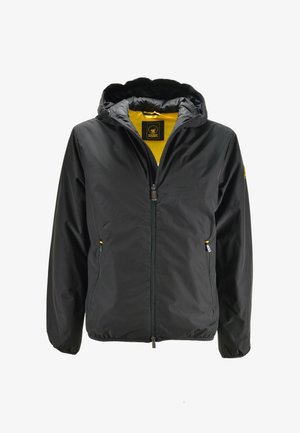 Giacca a zip nera con cappuccio e interno giallo, tasche anteriori con zip e polsini elasticizzati, progettata per un look casual.
