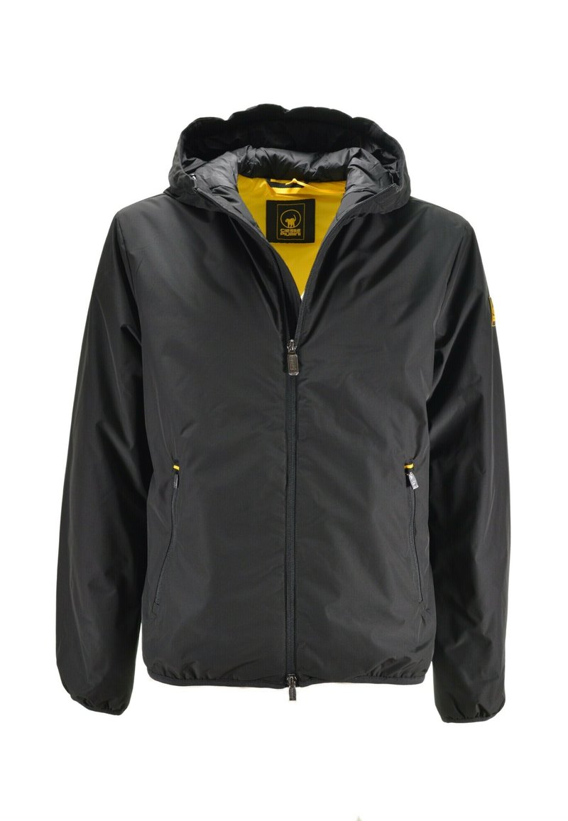 Giacca a zip nera con cappuccio e interno giallo, tasche anteriori con zip e polsini elasticizzati, progettata per un look casual.