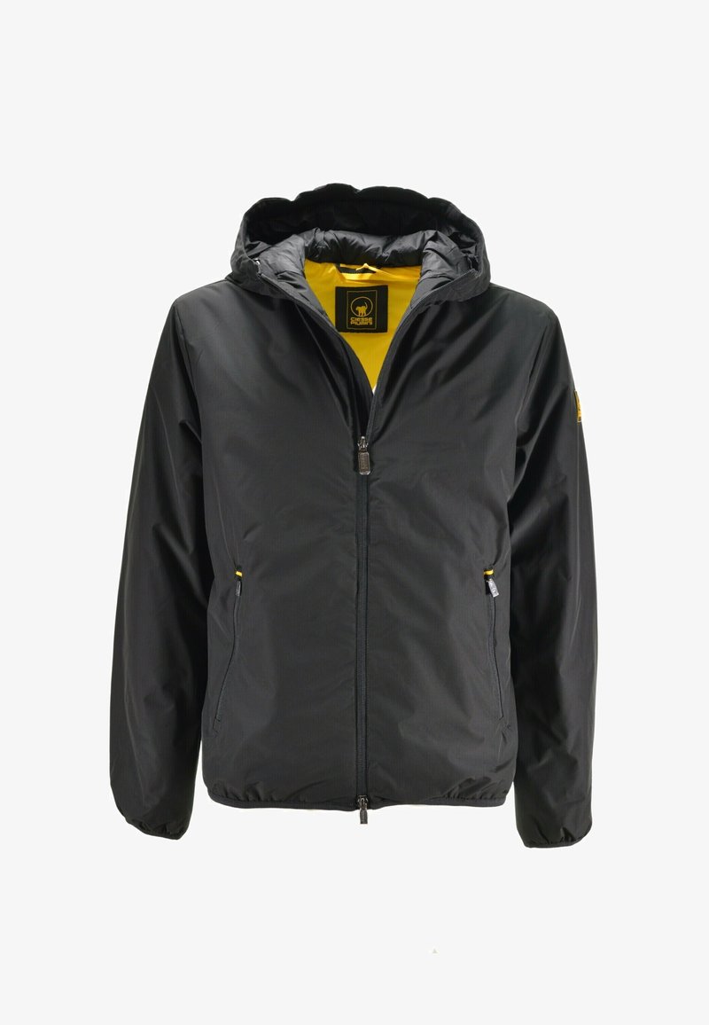 Zwarte zip-up capuchonjack met gele voering, voorzijde met ritszakken en elastische manchetten, ontworpen voor casual gebruik.