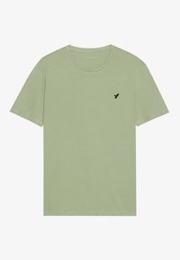 Green cotton t-shirt with a crew neckline and short sleeves. Features a small black bird logo on the left chest area. Smooth texture.