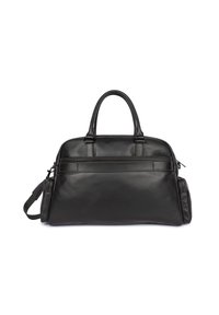 Borsa da weekend in pelle nera con finitura morbida, doppie maniglie e tracolla regolabile. Presenta una tasca con zip e un design minimalista.