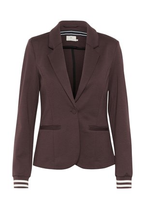 Hnědý blazer s klopami, dvěma předními kapsami a proužkovanými manžetami. Vyroben z texturované tkaniny se zapínáním na jeden knoflík.