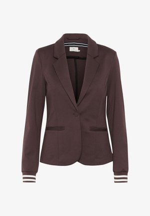 Maroon blazer with a notched lapel, two front pockets, and striped cuffs. Made from textured fabric with a single-button closure.