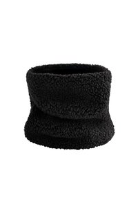 Căciulă de gât din fâș negru, cu o suprafață moale și texturată. Are un design tubular, cu o pliură delicată pentru confort și căldură.