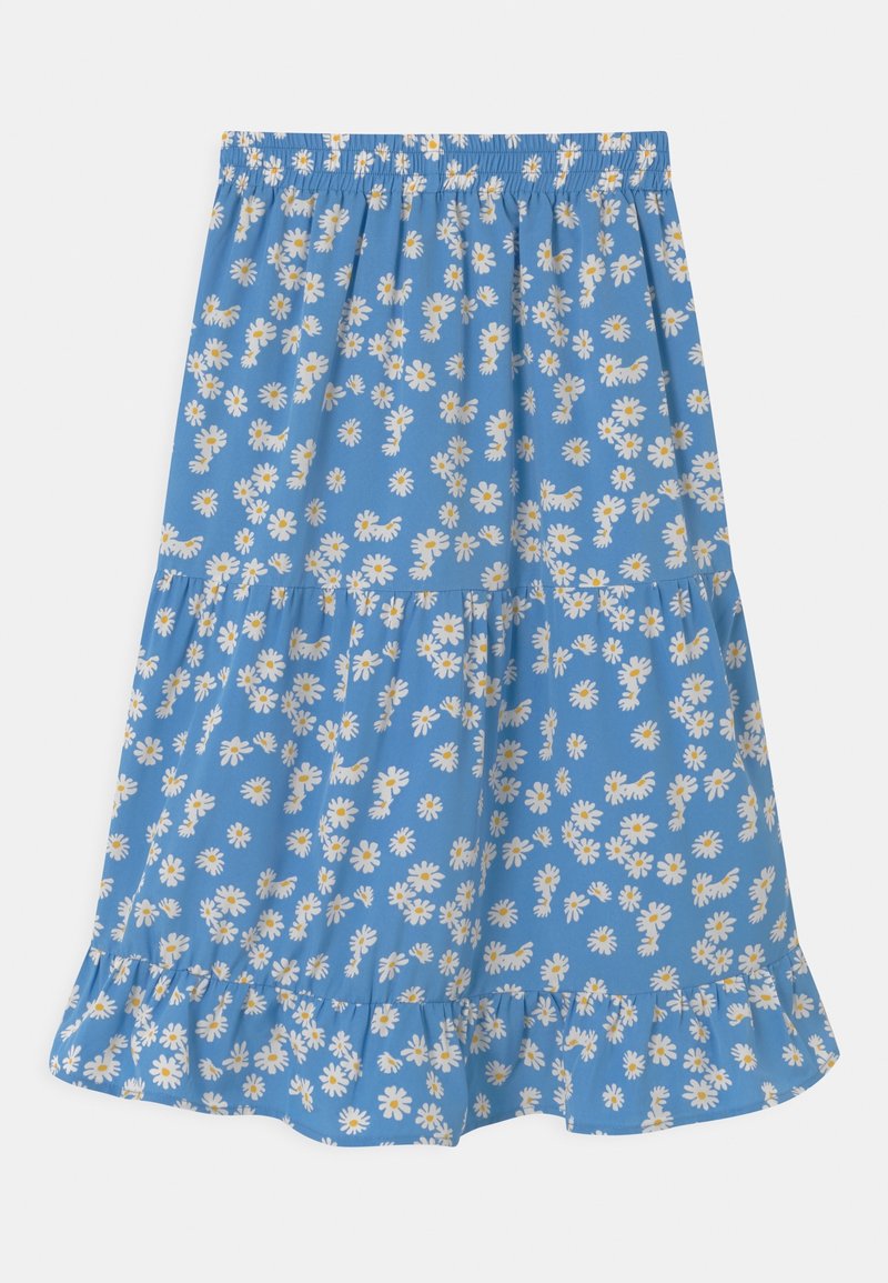 Jupe bleue avec un motif floral de marguerites blanches et jaunes. Taille élastique, ourlet à volants superposés, forme A décontractée. Tissu léger.