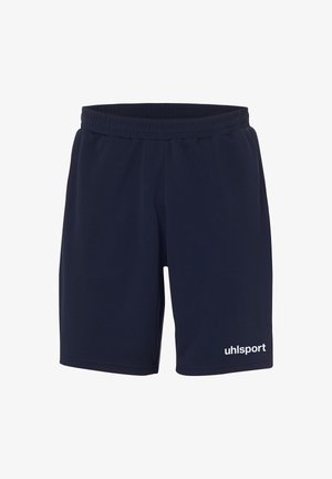 Shorts atletici blu navy realizzati in tessuto leggero con un elastico in vita e un logo "uhlsport" bianco nella parte inferiore sinistra.