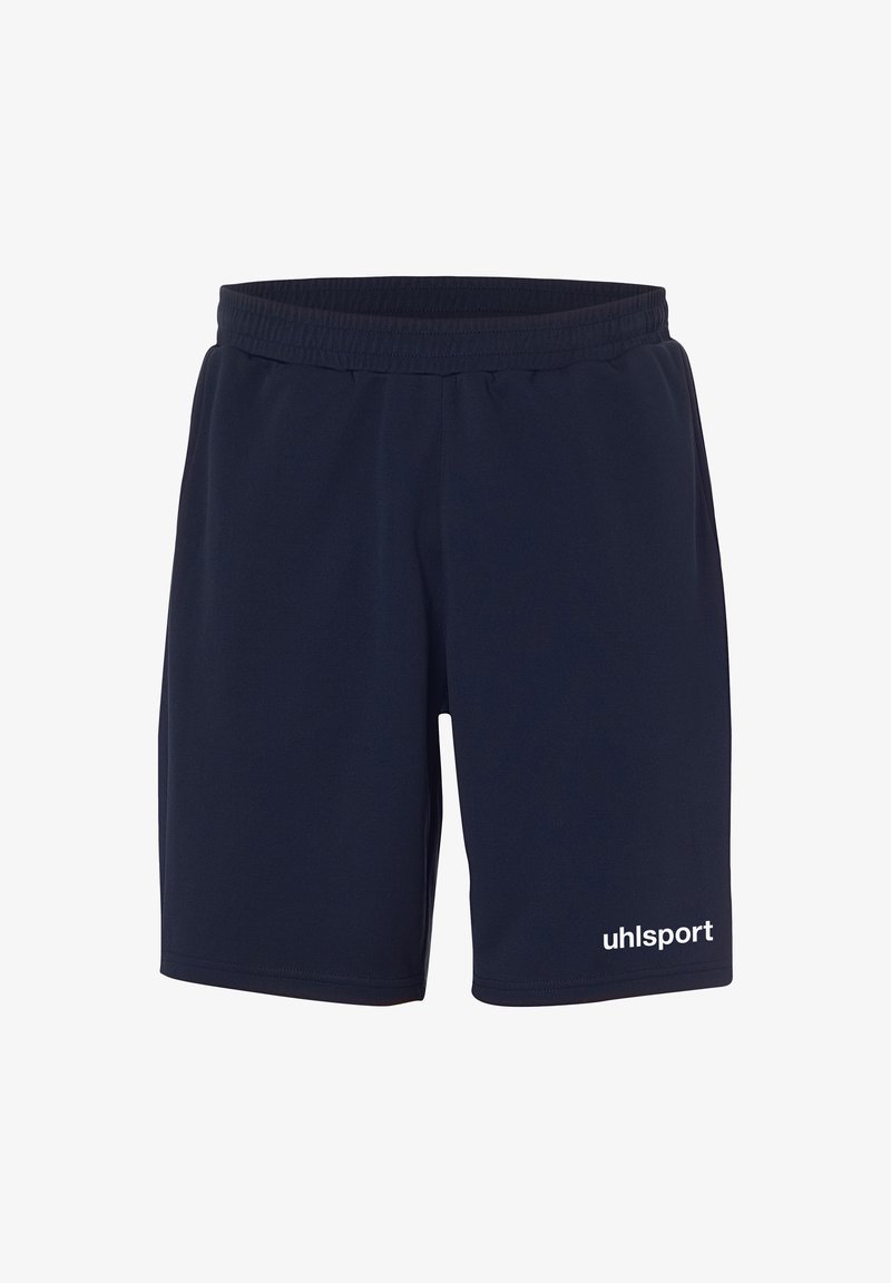 Marineblå sportsshorts lavet af letvægtsstof med elastisk livrem og et hvidt "uhlsport" logo på nederste venstre side.