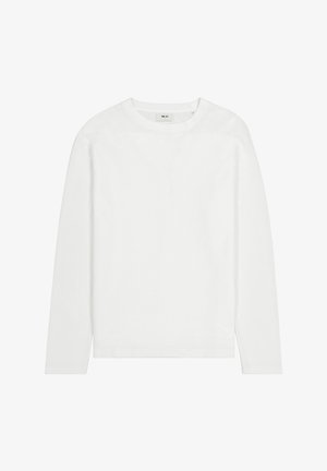 Langarm-Woll-T-Shirt aus weißer Baumwolle mit Rundhalsausschnitt, geradem Saum und minimalistischem Design. Glatte Textur, ohne Muster oder Akzente.