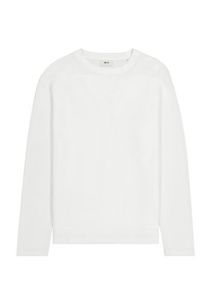 Long-sleeve white cotton T-shirt with a round neck, straight hem, and minimal design. Smooth texture, no patterns or accents.